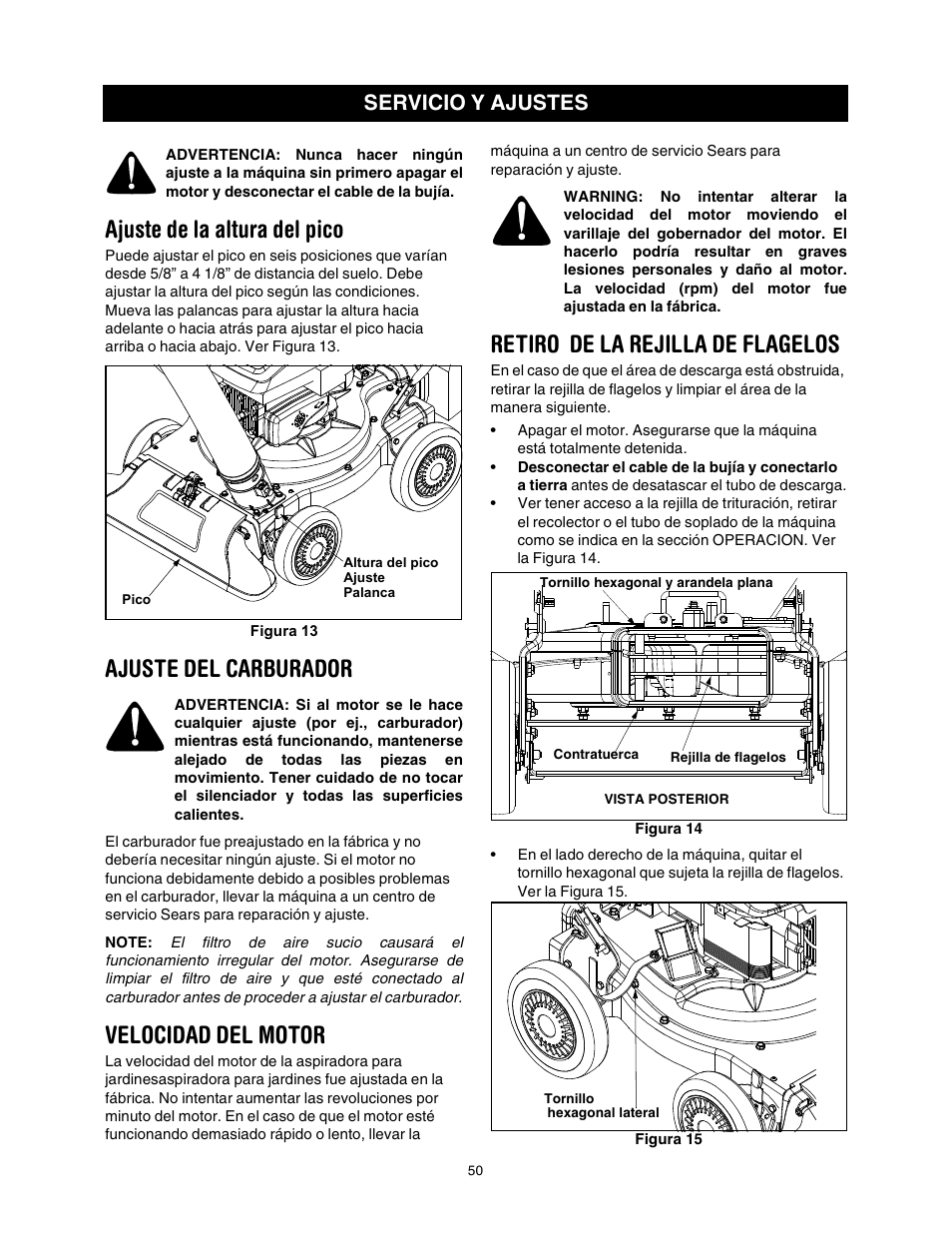 Ajuste de la altura del pico, Ajuste del carburador, Velocidad del motor | Retiro de la rejilla de flagelos, Servicio y ajustes | Craftsman 247.770550 User Manual | Page 50 / 54