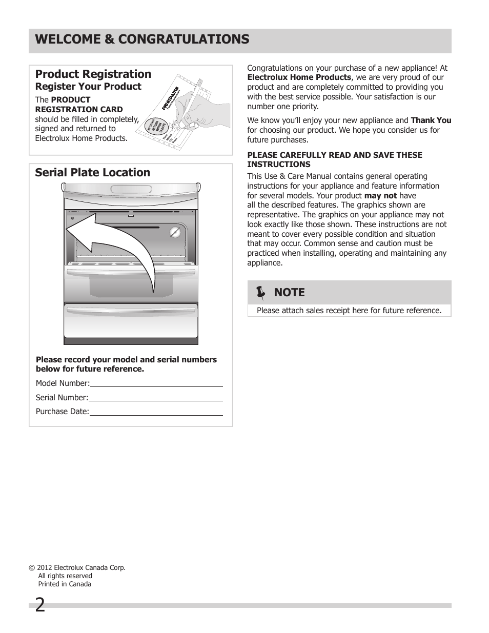 Product registration, Serial plate location | FRIGIDAIRE FFED3025LS User Manual | Page 2 / 32