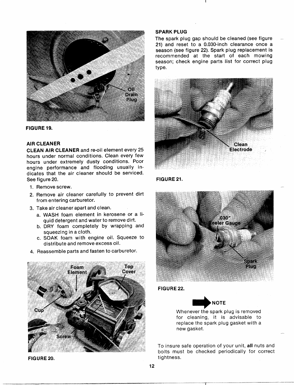 Air cleaner, Spark plug, Clean | Figure 21, Spark | Bolens 120-270A User Manual | Page 12 / 17