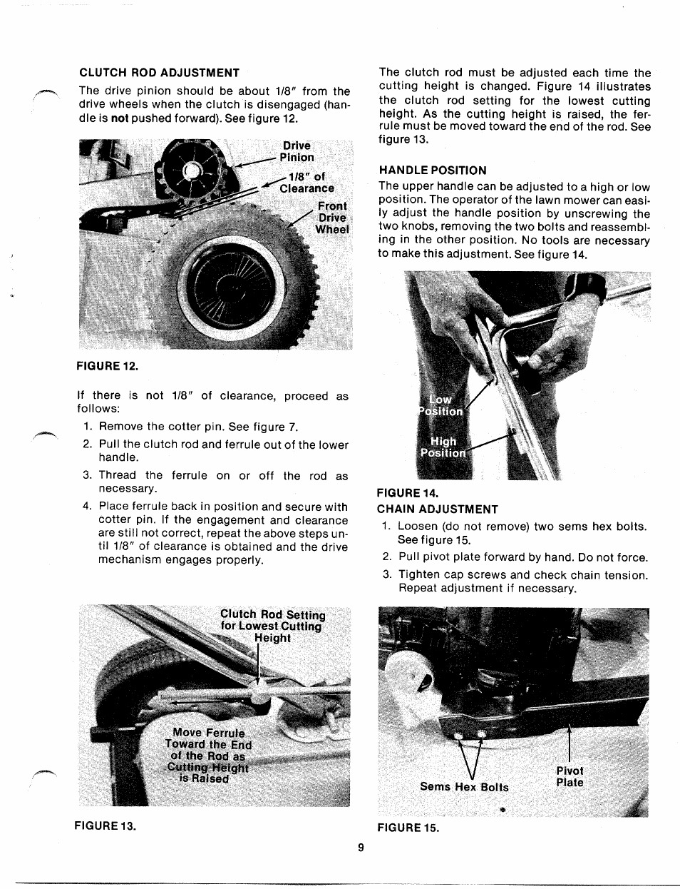 Clutch rod adjustment, 1/8" of ciearance, Handle position | Bolens 120-270A User Manual | Page 9 / 17