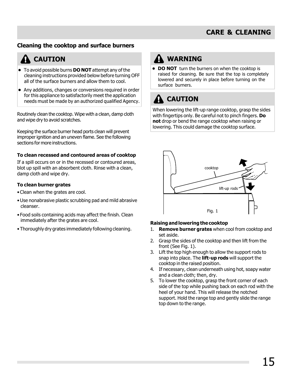 Caution, Care & cleaning, Warning | FRIGIDAIRE FFGF3011LW User Manual | Page 15 / 20