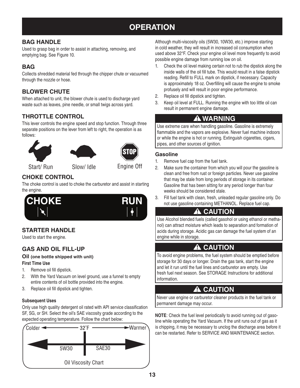Choke run, Operation, Warning | Caution | Craftsman 247.77013.0 User Manual | Page 13 / 64