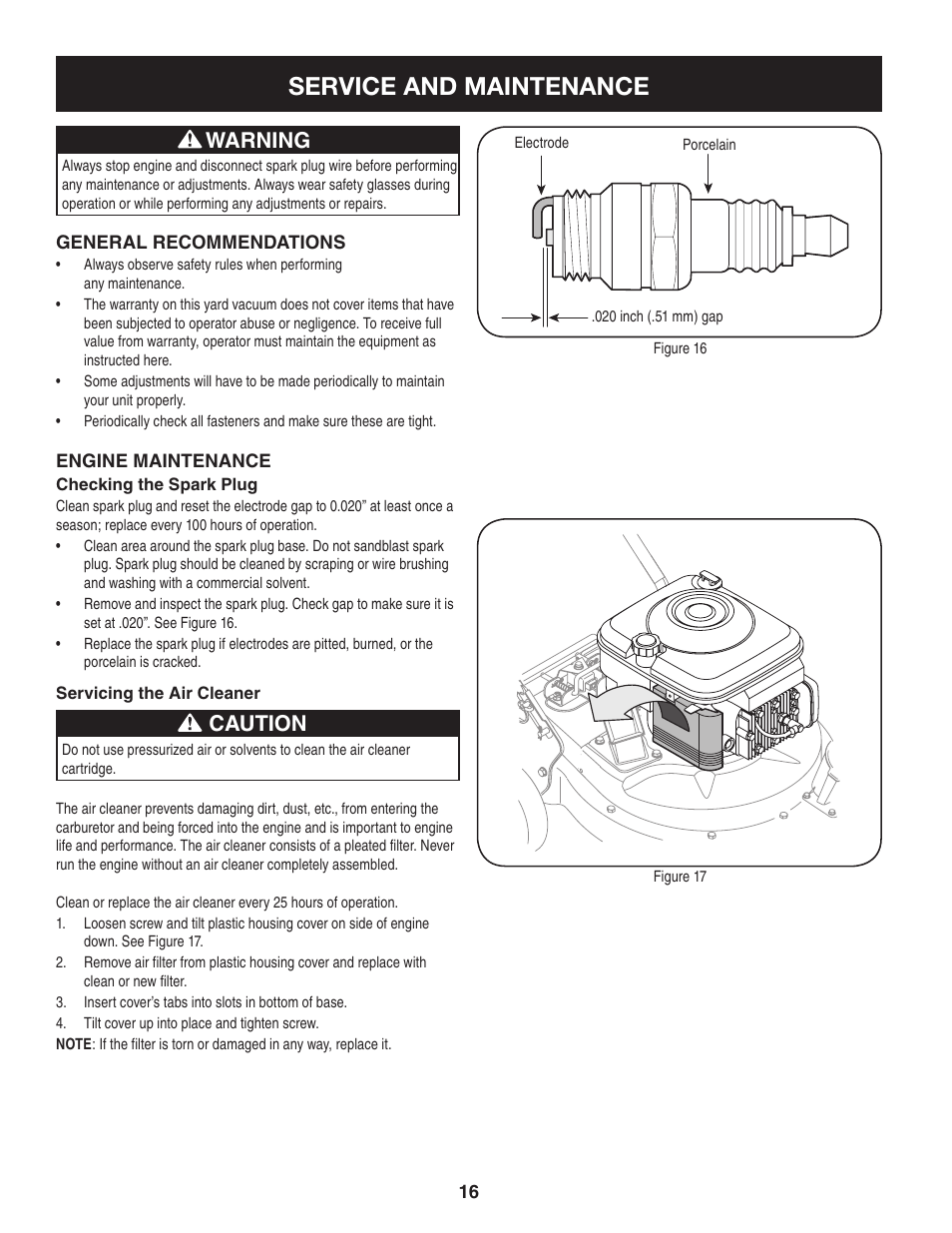 Service and maintenance, Warning, Caution | Craftsman 247.77013.0 User Manual | Page 16 / 64