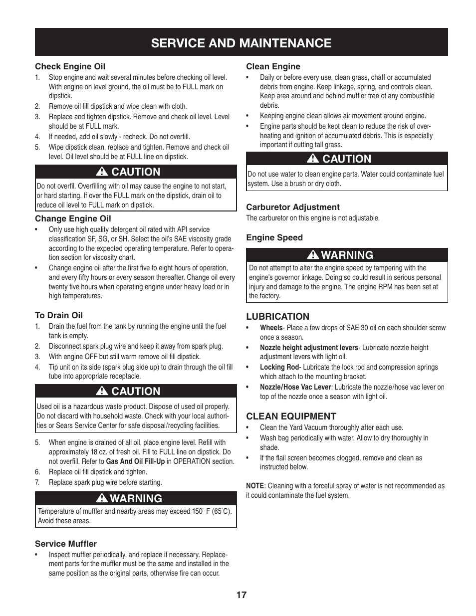 Service and maintenance, Caution, Warning | Craftsman 247.77013.0 User Manual | Page 17 / 64