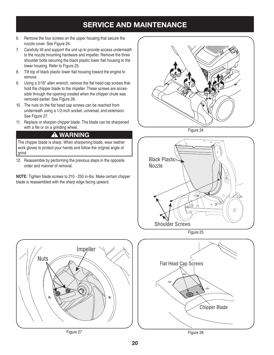 Service and maintenance, Warning, Nuts impeller | Craftsman 247.77013.0 User Manual | Page 20 / 64