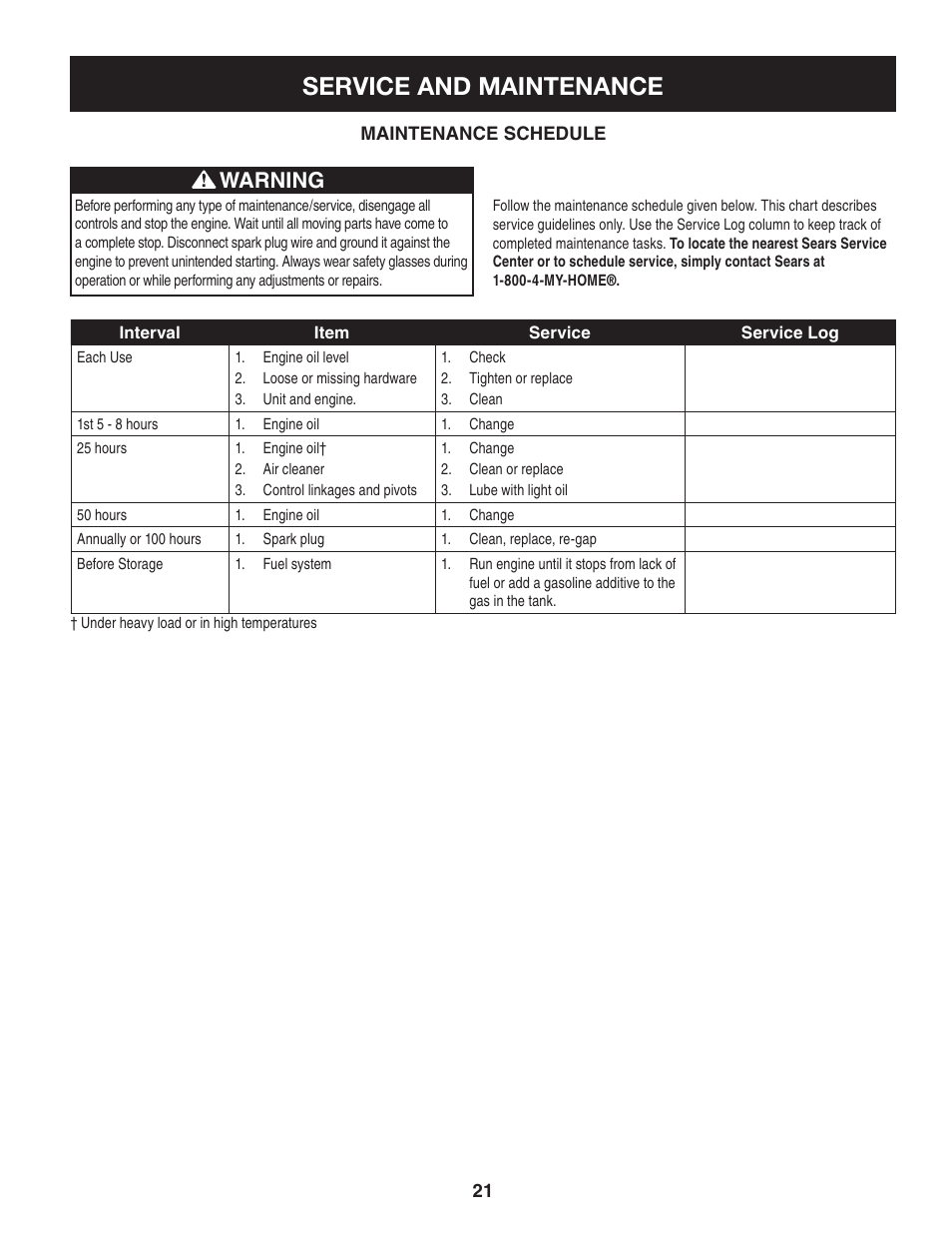 Service and maintenance, Warning | Craftsman 247.77013.0 User Manual | Page 21 / 64