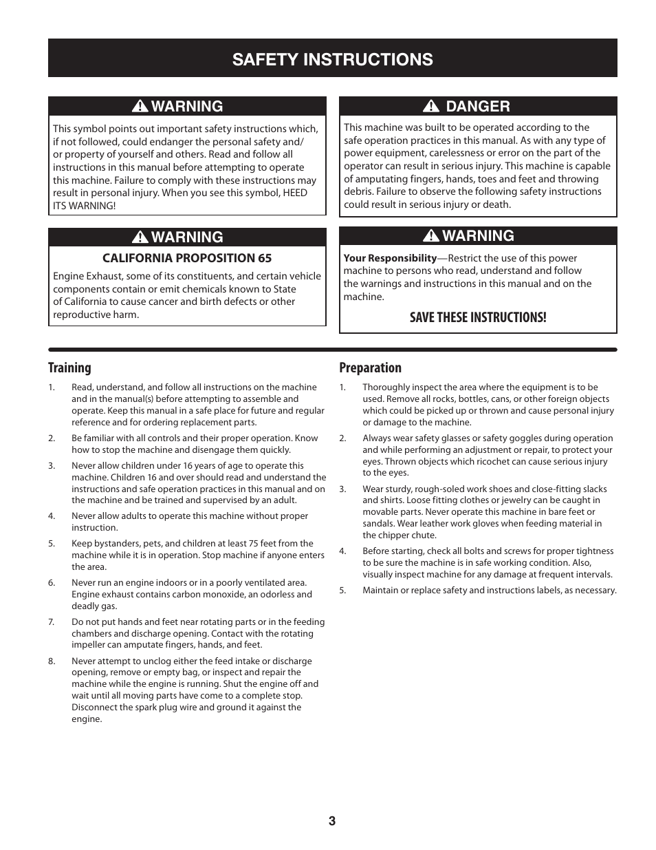 Safety instructions, Training, Preparation | Warning, Danger, Save these instructions | Craftsman 247.77013.0 User Manual | Page 3 / 64