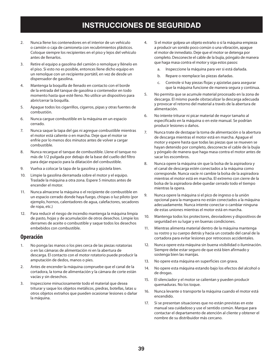 Instrucciones de seguridad, Operación | Craftsman 247.77013.0 User Manual | Page 39 / 64