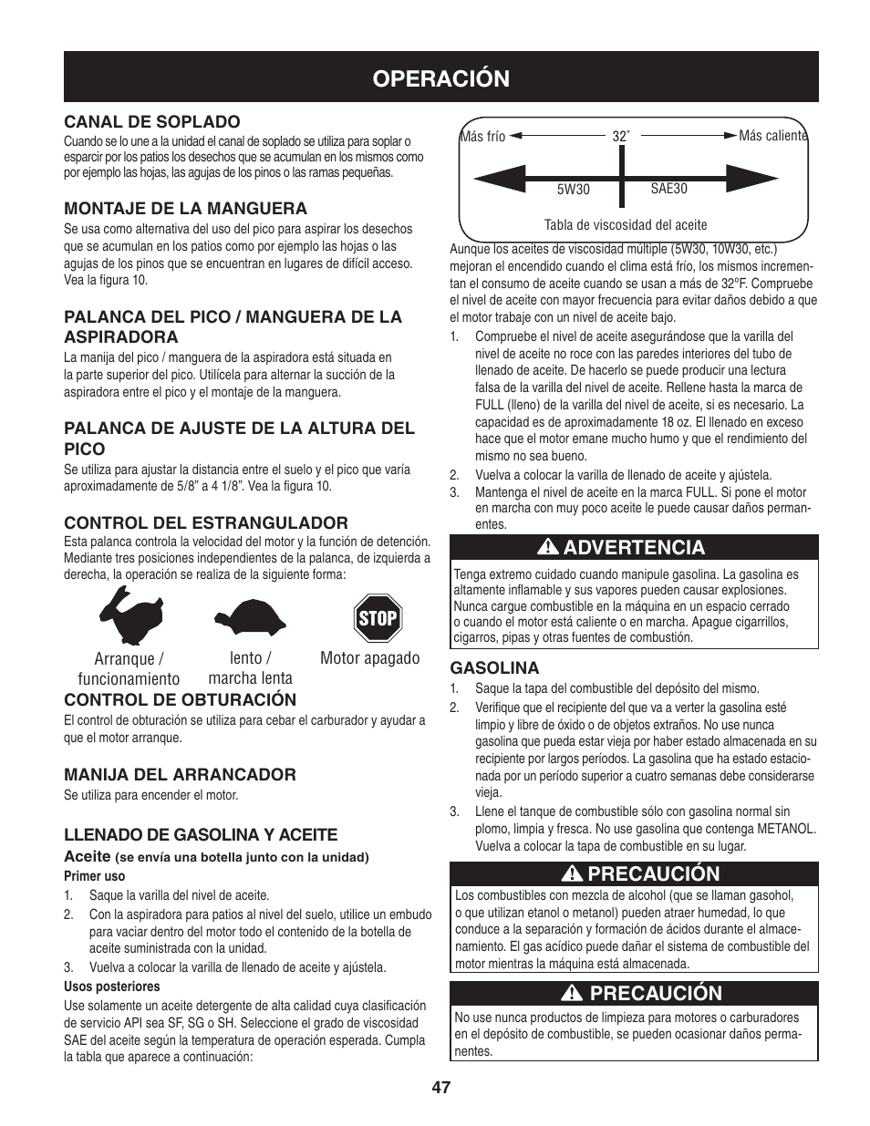 Operación, Precaución, Advertencia | Craftsman 247.77013.0 User Manual | Page 47 / 64