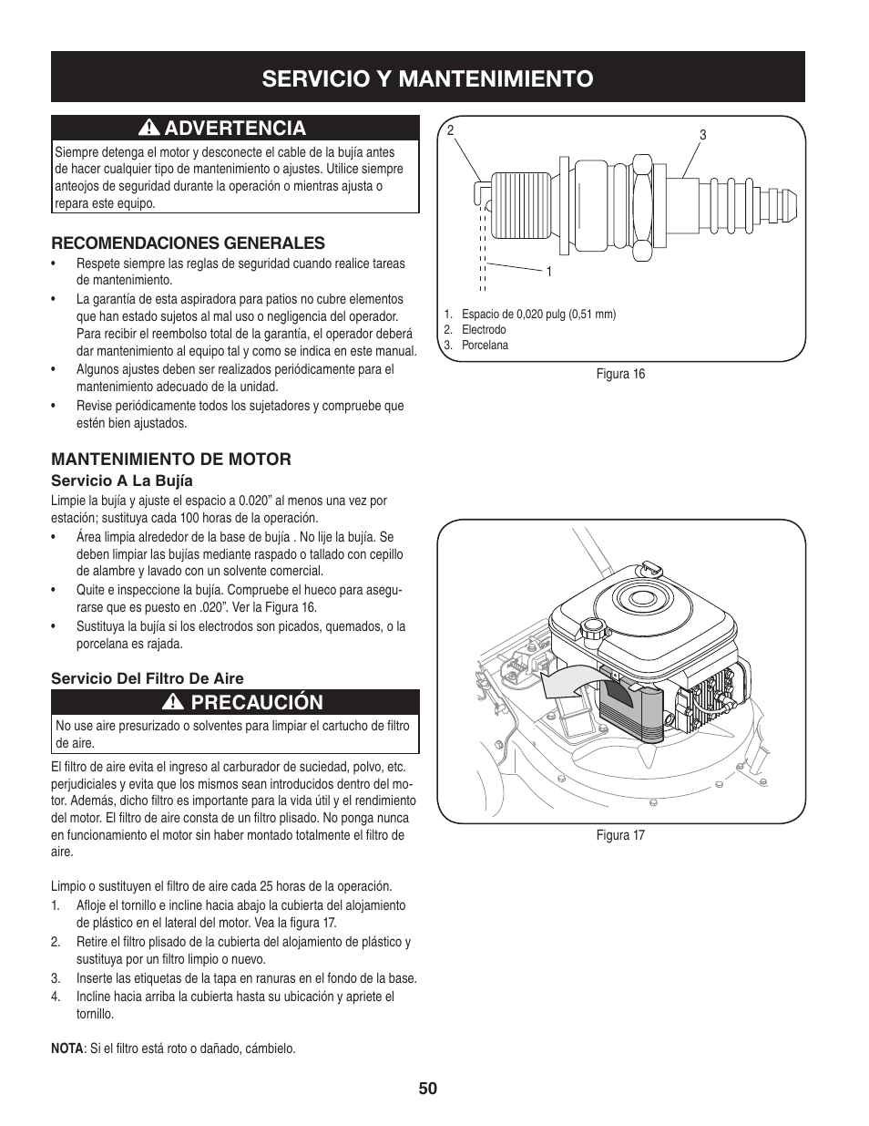 Servicio y mantenimiento, Precaución, Advertencia | Craftsman 247.77013.0 User Manual | Page 50 / 64