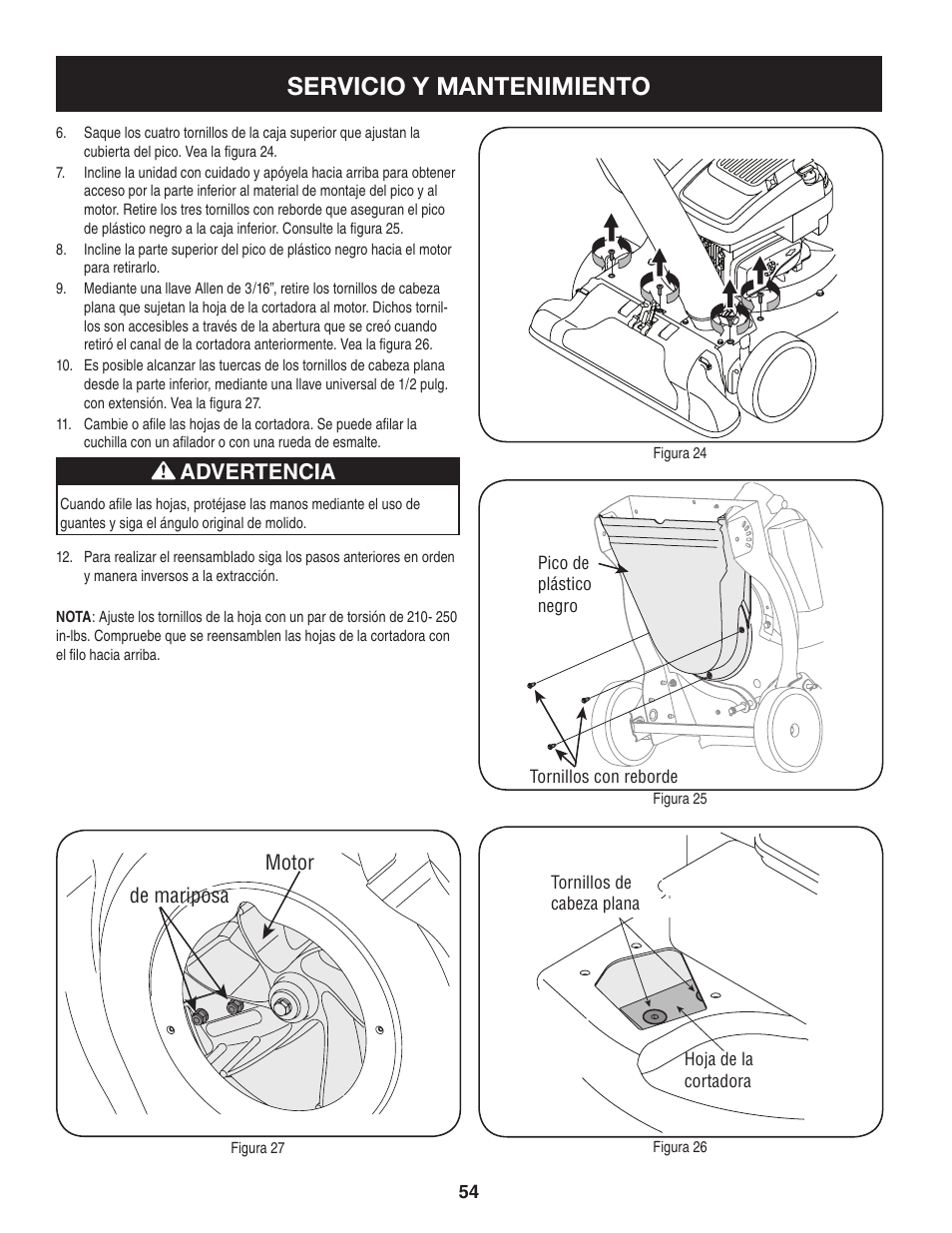 Servicio y mantenimiento, Advertencia, De mariposa motor | Craftsman 247.77013.0 User Manual | Page 54 / 64