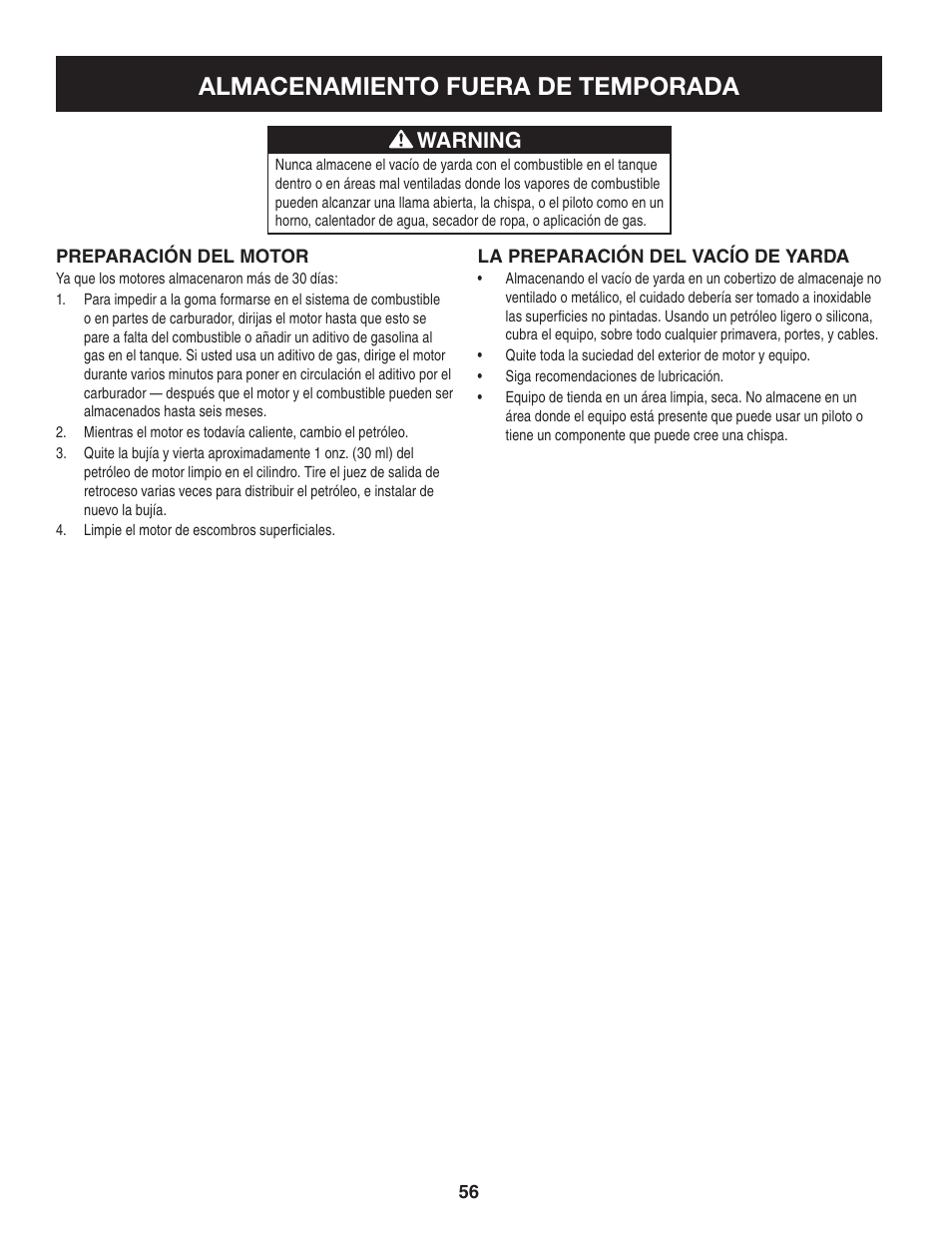 Almacenamiento fuera de temporada, Warning | Craftsman 247.77013.0 User Manual | Page 56 / 64