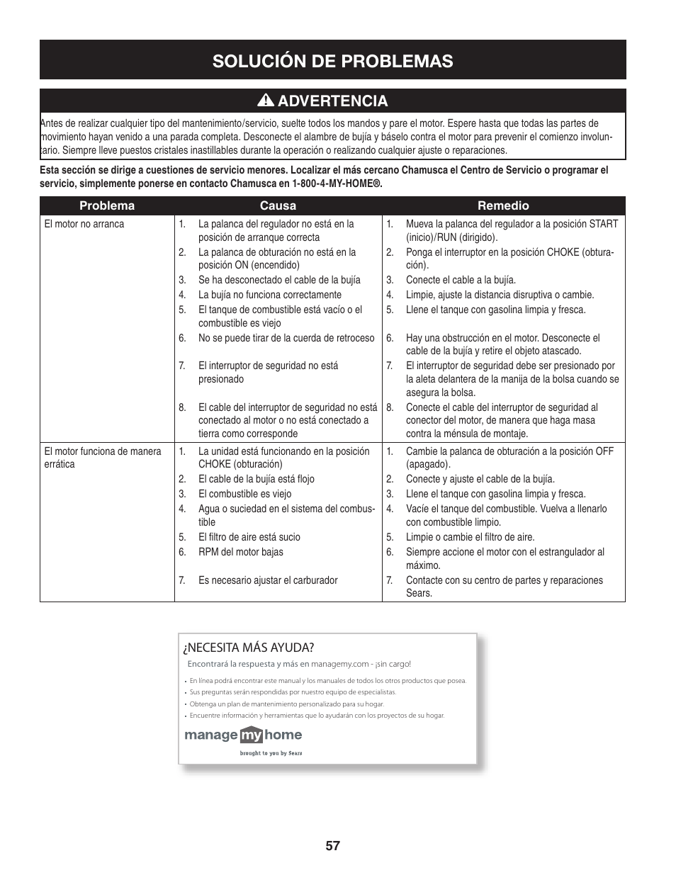 Solución de problemas, Advertencia | Craftsman 247.77013.0 User Manual | Page 57 / 64