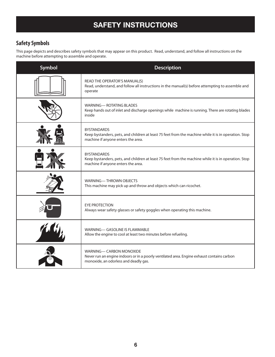 Safety instructions, Safety symbols | Craftsman 247.77013.0 User Manual | Page 6 / 64