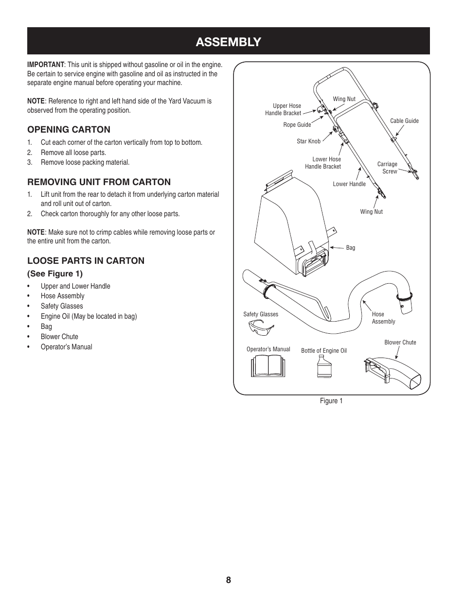 Assembly, Opening carton, Removing unit from carton | Loose parts in carton | Craftsman 247.77013.0 User Manual | Page 8 / 64