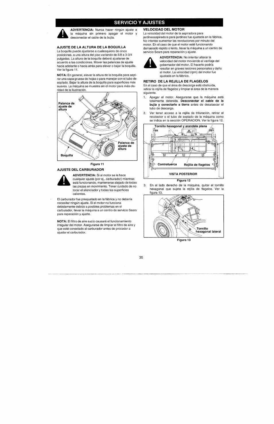 Ajuste de la altura de la boquilla, Velocidad del motor, Retiro de la rejilla de flagelos | Bolens 247.77010 User Manual | Page 35 / 60