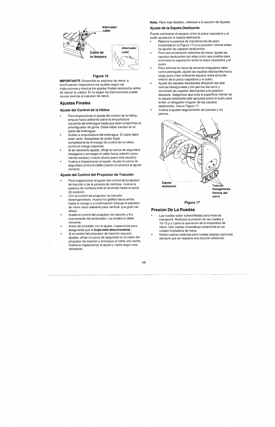 Figura 16, Ajustes finales, Ajuste del control de la hélice | Ajuste del control del propulsor de tracción, Ajuste de la zapata deslizante, Figura 17, Presión de la ruedas | Bolens 247.77010 User Manual | Page 45 / 60