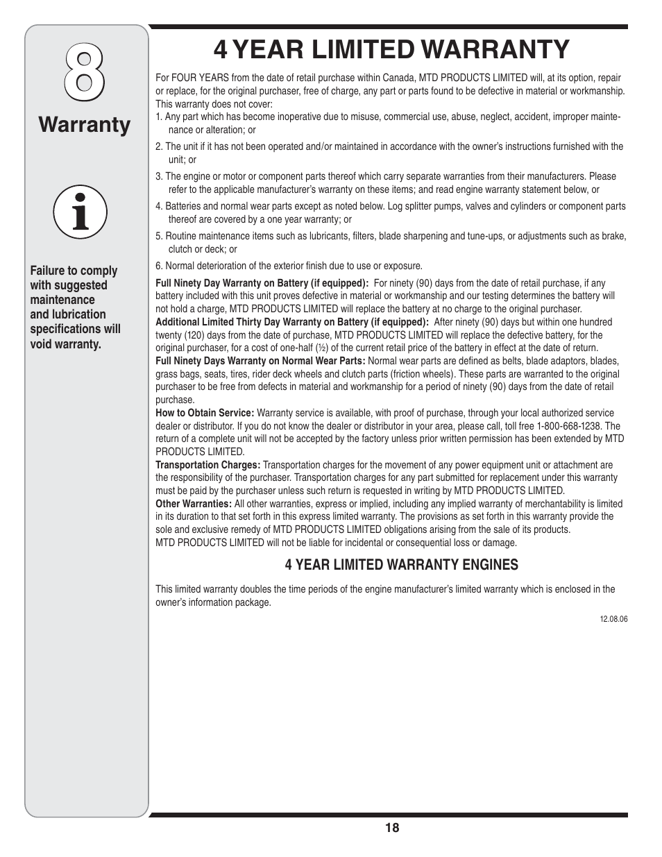 4 year limited warranty, Warranty | Bolens 31AE6GKF500 User Manual | Page 18 / 48