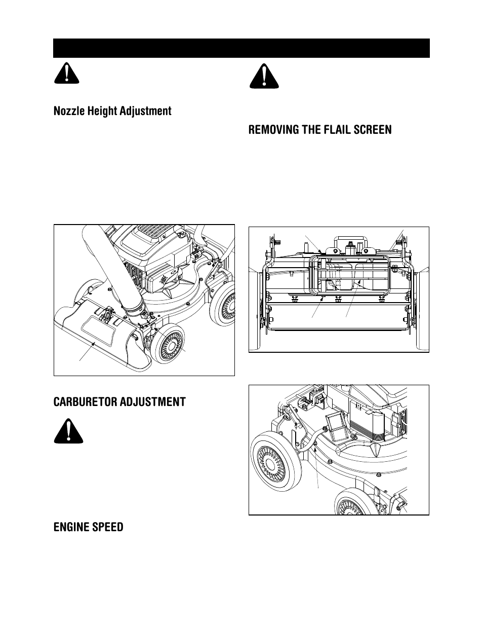 Nozzle height adjustment, Carburetor adjustment, Engine speed | Removing the flail screen, Service and adjustments | Craftsman 247.770550 User Manual | Page 14 / 40