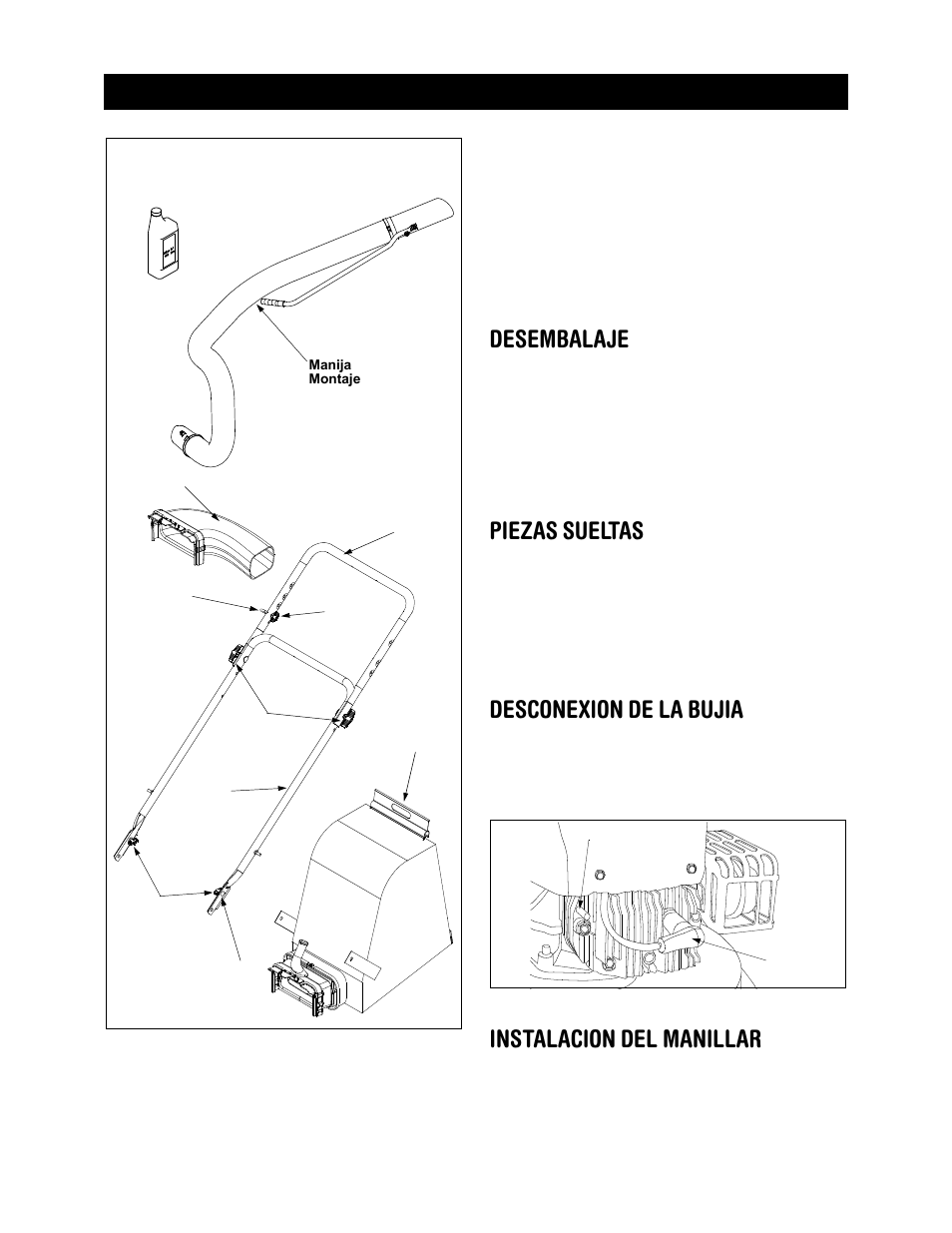 Desembalaje, Piezas sueltas, Desconexion de la bujia | Instalacion del manillar, Montaje | Craftsman 247.770550 User Manual | Page 25 / 40