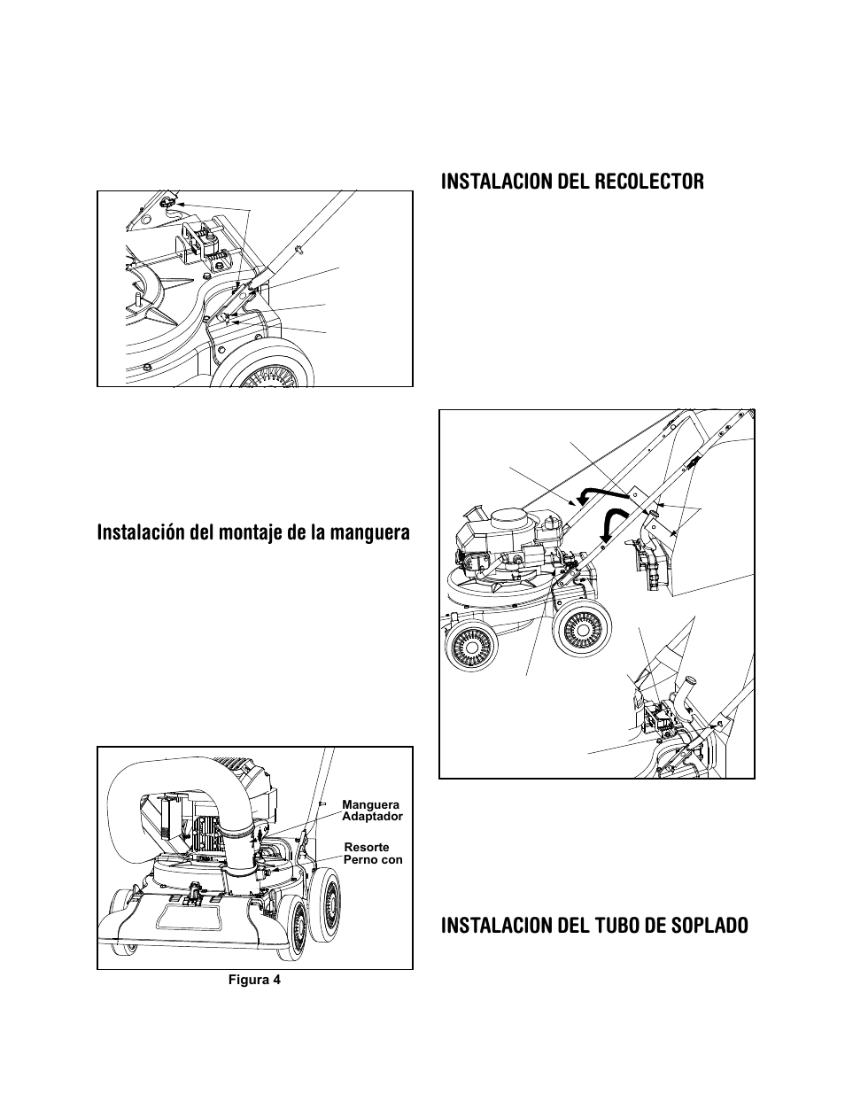 Instalación del montaje de la manguera, Instalacion del recolector, Instalacion del tubo de soplado | Craftsman 247.770550 User Manual | Page 26 / 40