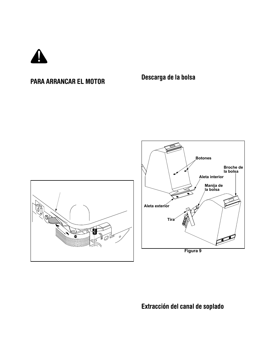 Para arrancar el motor, Descarga de la bolsa, Extracción del canal de soplado | Craftsman 247.770550 User Manual | Page 30 / 40