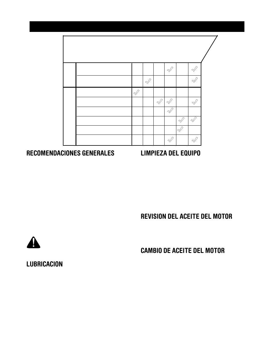 Recomendaciones generales, Lubricacion, Limpieza del equipo | Revision del aceite del motor, Cambio de aceite del motor, Mantenimiento, Programa de mantenimiento | Craftsman 247.770550 User Manual | Page 32 / 40