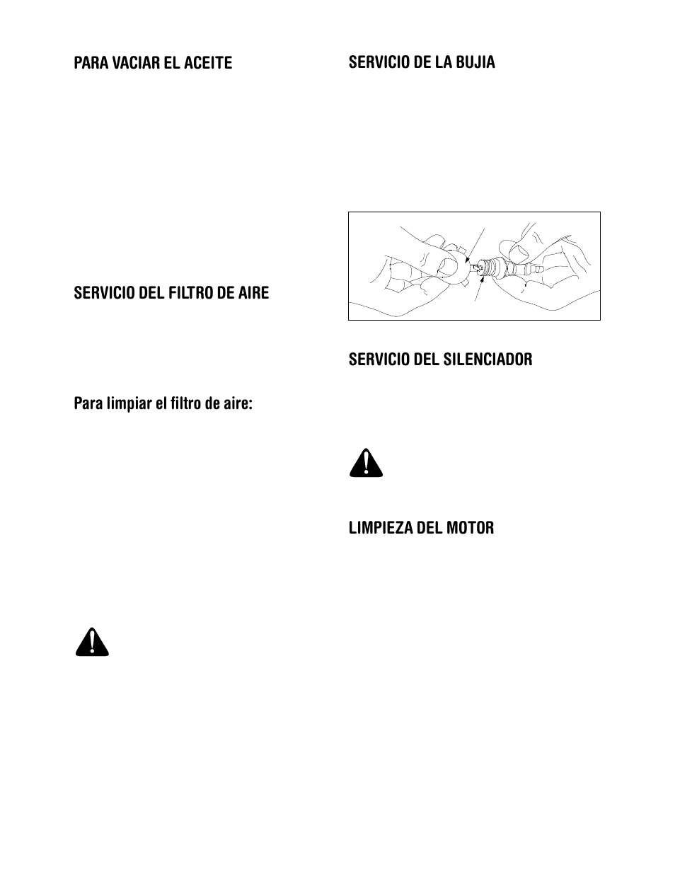 Para vaciar el aceite, Servicio del filtro de aire, Para limpiar el filtro de aire | Servicio de la bujia, Servicio del silenciador, Limpieza del motor | Craftsman 247.770550 User Manual | Page 33 / 40