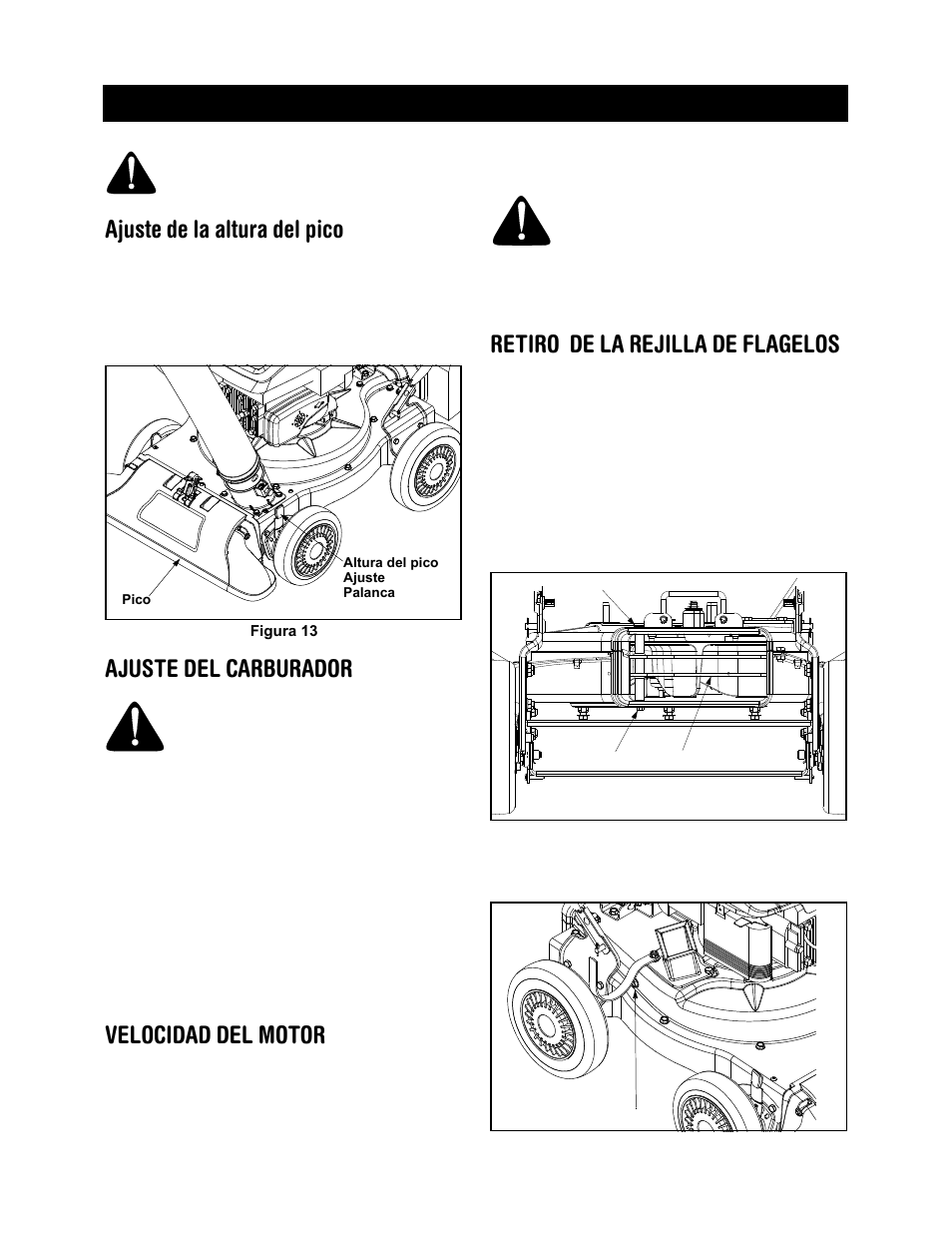 Ajuste de la altura del pico, Ajuste del carburador, Velocidad del motor | Retiro de la rejilla de flagelos, Servicio y ajustes | Craftsman 247.770550 User Manual | Page 34 / 40