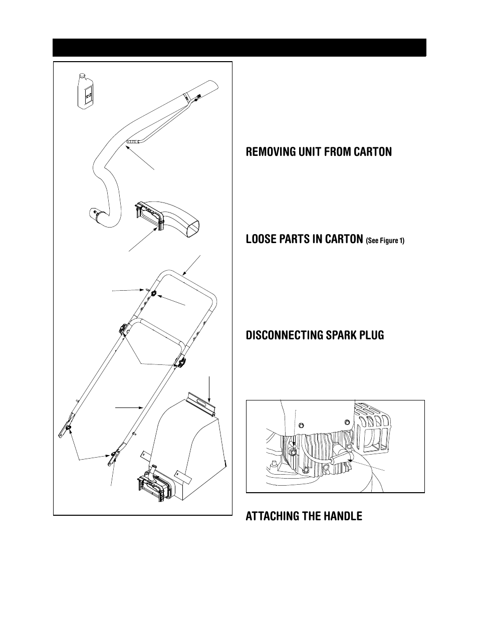 Removing unit from carton, Loose parts in carton, Disconnecting spark plug | Attaching the handle, Assembly | Craftsman 247.770550 User Manual | Page 5 / 40