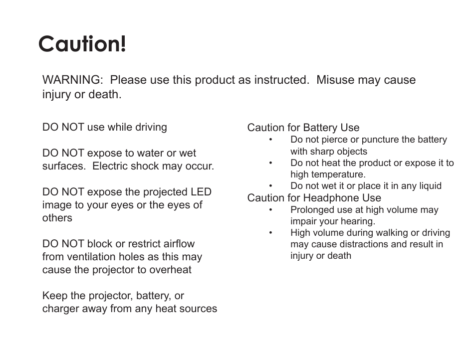 Caution | AAXA Technologies M4 User Manual | Page 2 / 46