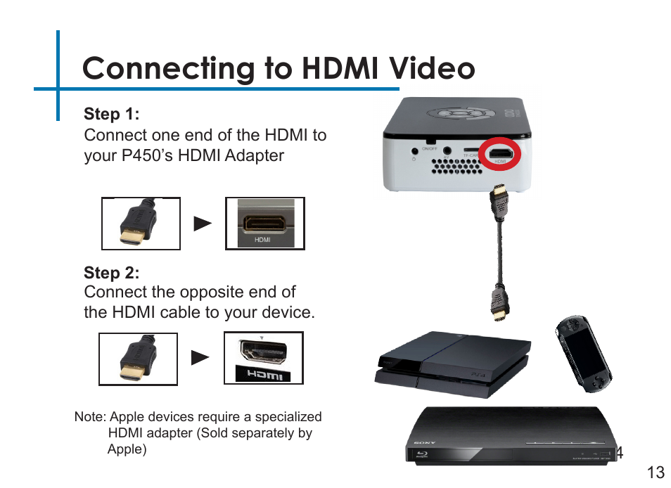 Connecting to hdmi video | AAXA Technologies P450 User Manual | Page 16 / 46
