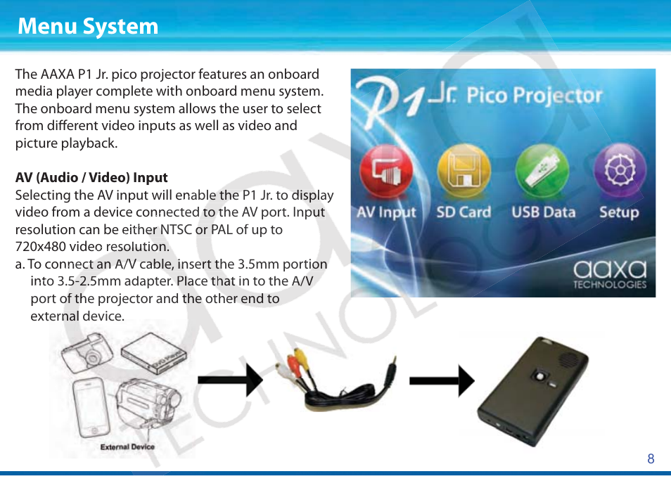 Menu system | AAXA Technologies P1Jr User Manual | Page 9 / 20