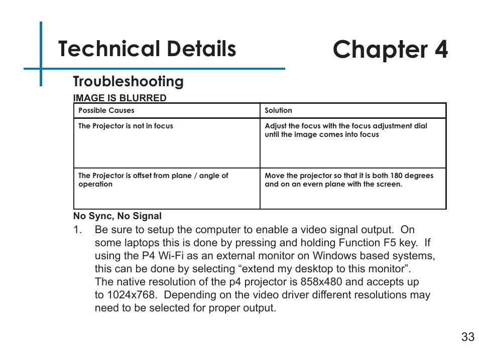 Chapter 4, Technical details, Troubleshooting | AAXA Technologies P4 Wi-Fi User Manual | Page 36 / 40