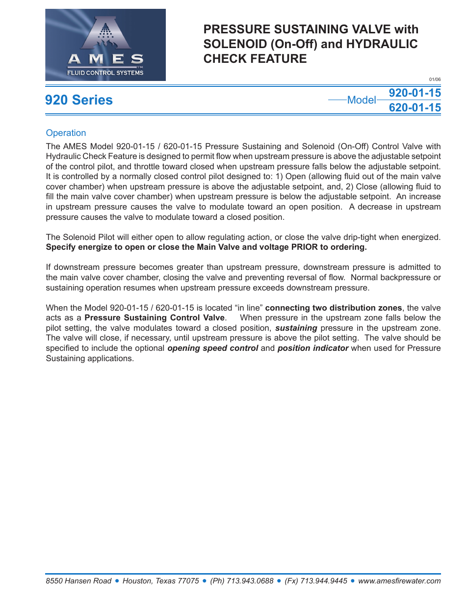 Ames Fire & Waterworks 920GS-01-15 Stainless Steel Pressure Sustaining Control Valve with Solenoid (On-Off) and Hydraulic Check Feature User Manual | 2 pages