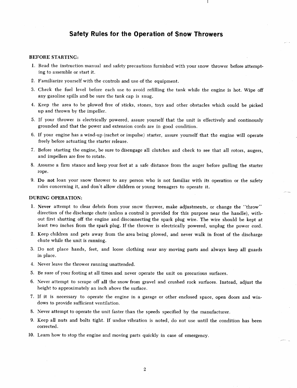 Safety rules for the operation of snow throwers | Bolens 191-658 User Manual | Page 2 / 14