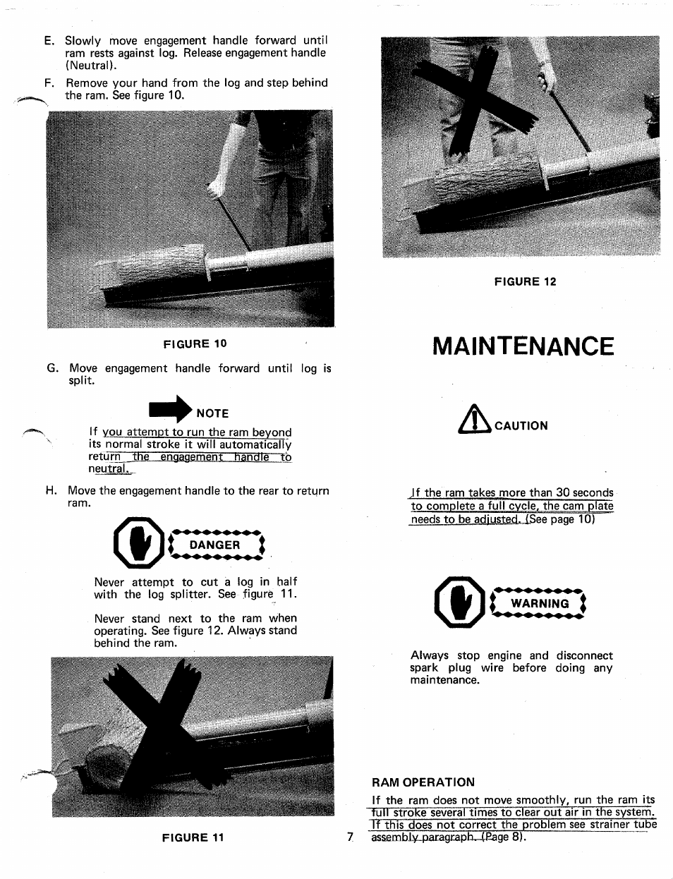 Note, Danger, Caution | Ram operation, Maintenance | Bolens 248-604A User Manual | Page 7 / 15