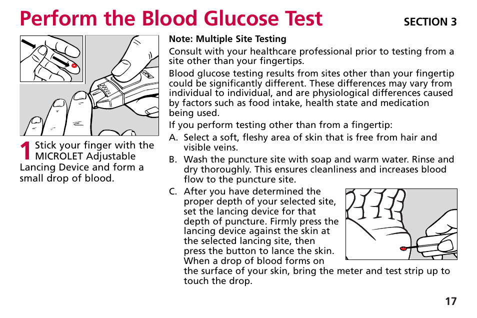 Perform the blood glucose test | Bayer HealthCare Blood Glucose Meter MODEL Ascensia Elite User Manual | Page 26 / 51