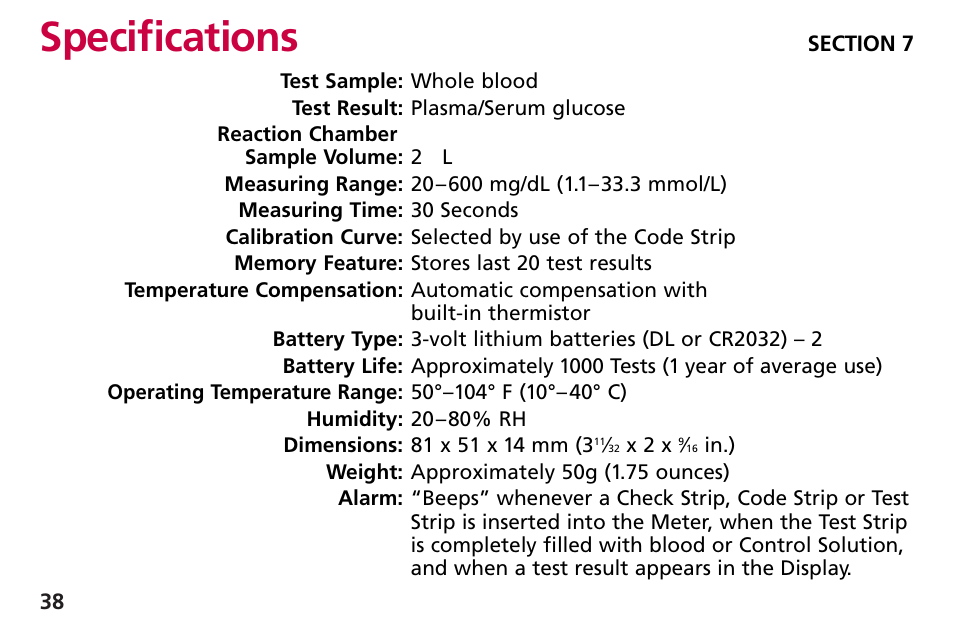 Specifications | Bayer HealthCare Blood Glucose Meter MODEL Ascensia Elite User Manual | Page 47 / 51