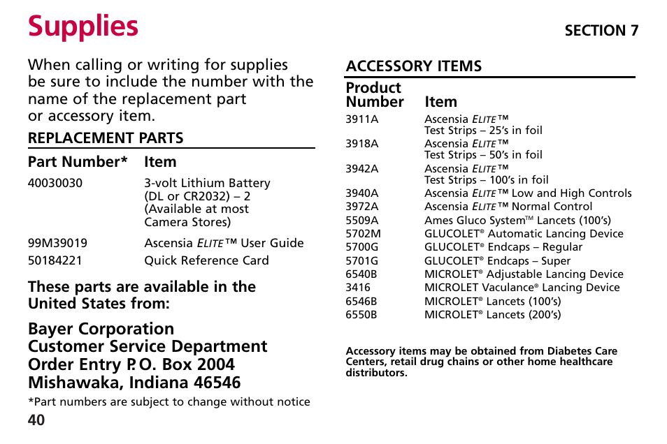 Supplies, Item, Product number item | Bayer HealthCare Blood Glucose Meter MODEL Ascensia Elite User Manual | Page 49 / 51