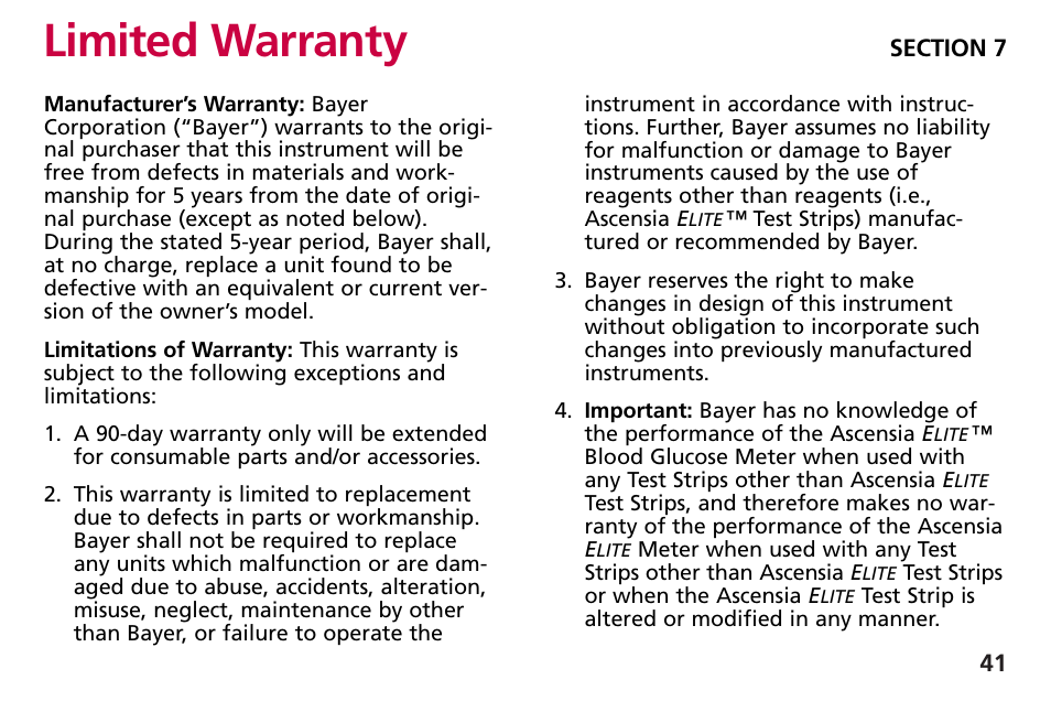 Limited warranty | Bayer HealthCare Blood Glucose Meter MODEL Ascensia Elite User Manual | Page 50 / 51