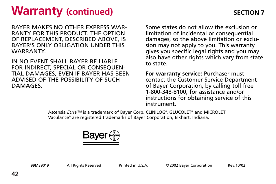 Warranty, Continued) | Bayer HealthCare Blood Glucose Meter MODEL Ascensia Elite User Manual | Page 51 / 51