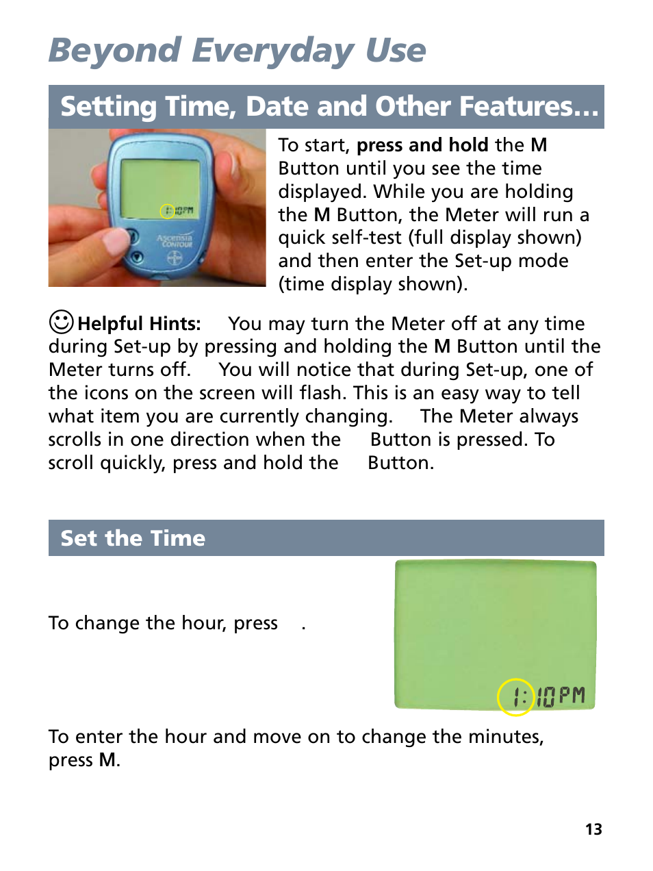 Beyond everyday use, Setting time, date and other features | Bayer HealthCare Ascensia Contour Blood Glucose Monitoring System User Manual | Page 17 / 46