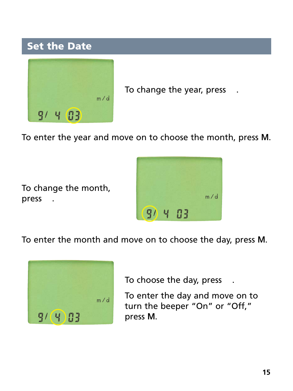 Set the date | Bayer HealthCare Ascensia Contour Blood Glucose Monitoring System User Manual | Page 19 / 46