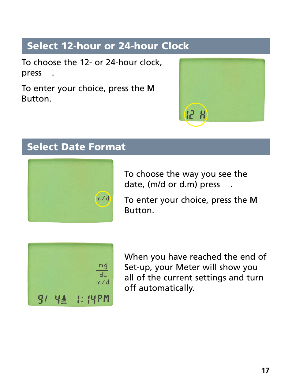 Select 12-hour or 24-hour clock, Select date format | Bayer HealthCare Ascensia Contour Blood Glucose Monitoring System User Manual | Page 21 / 46
