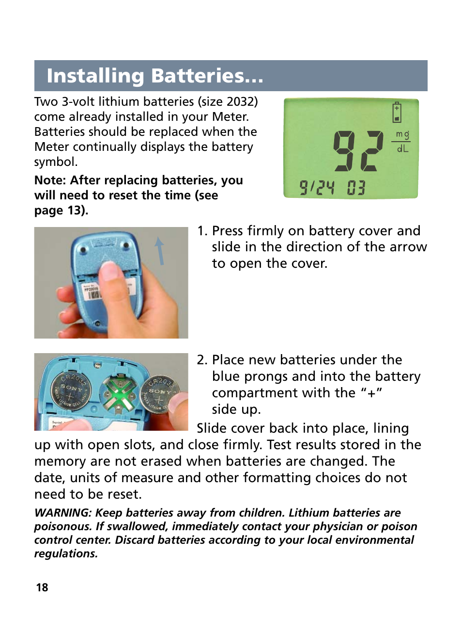 Installing batteries | Bayer HealthCare Ascensia Contour Blood Glucose Monitoring System User Manual | Page 22 / 46