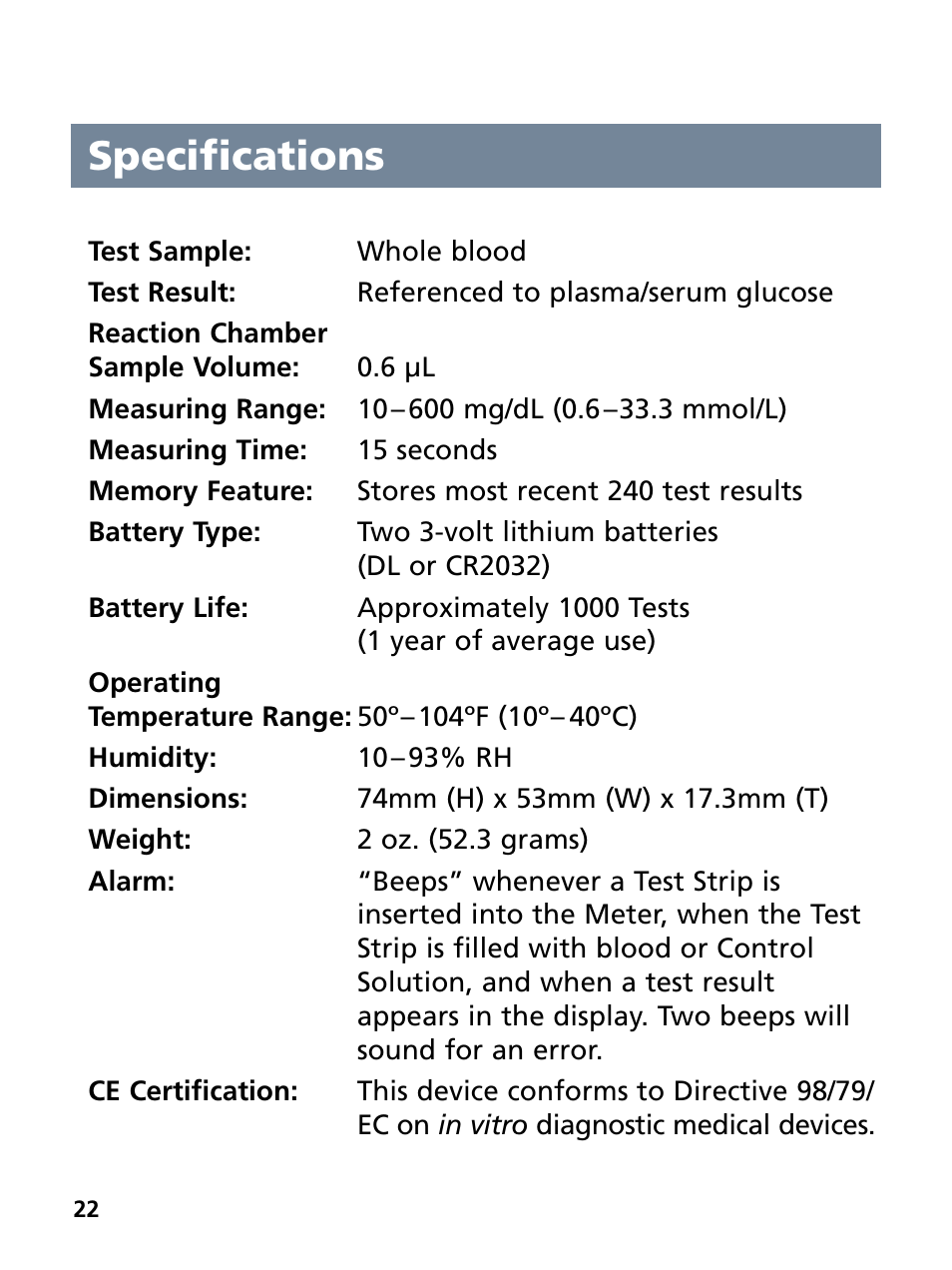 Specifications | Bayer HealthCare Ascensia Contour Blood Glucose Monitoring System User Manual | Page 26 / 46