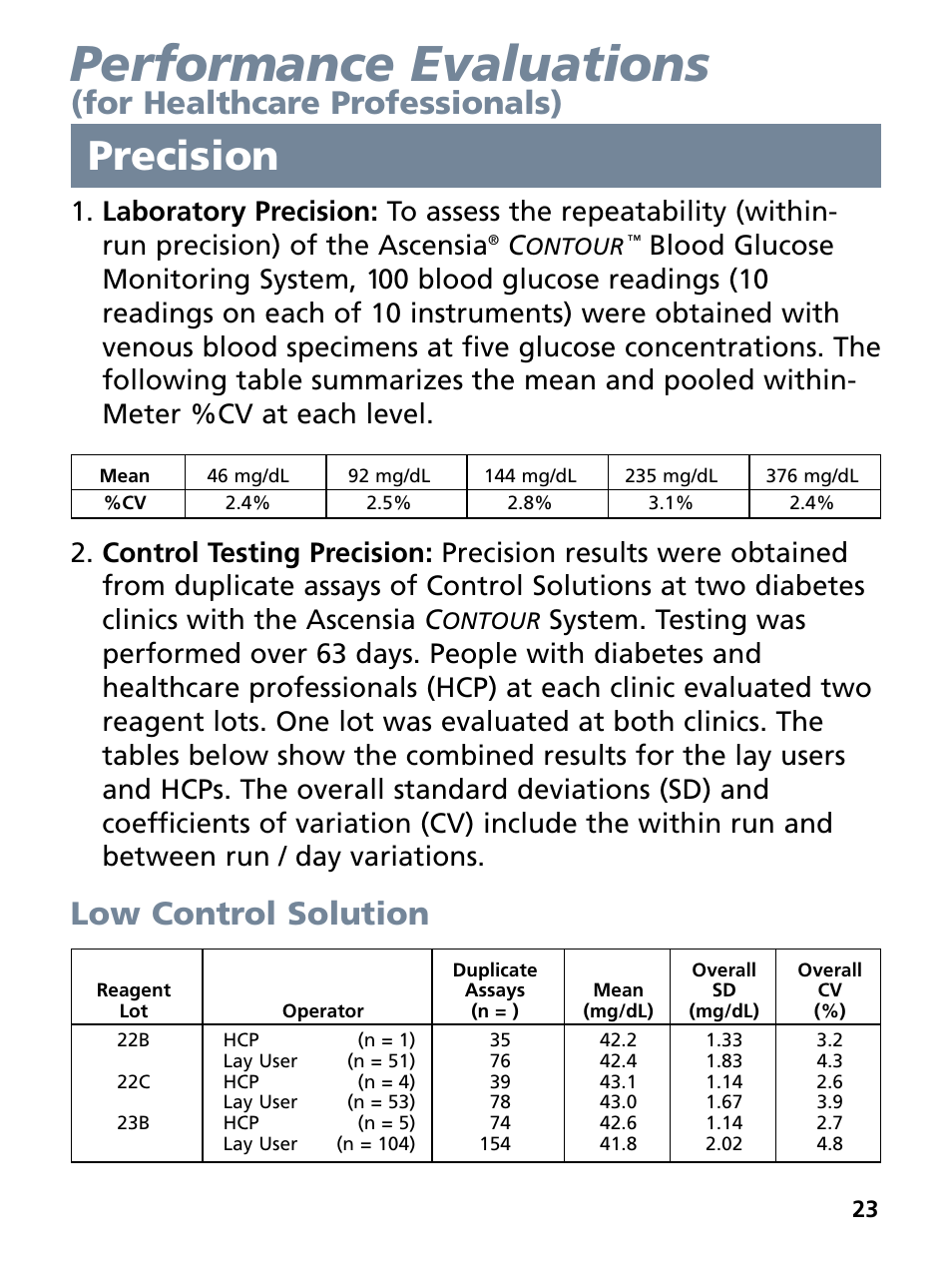 Performance evaluations, Precision, For healthcare professionals) low control solution | Bayer HealthCare Ascensia Contour Blood Glucose Monitoring System User Manual | Page 27 / 46