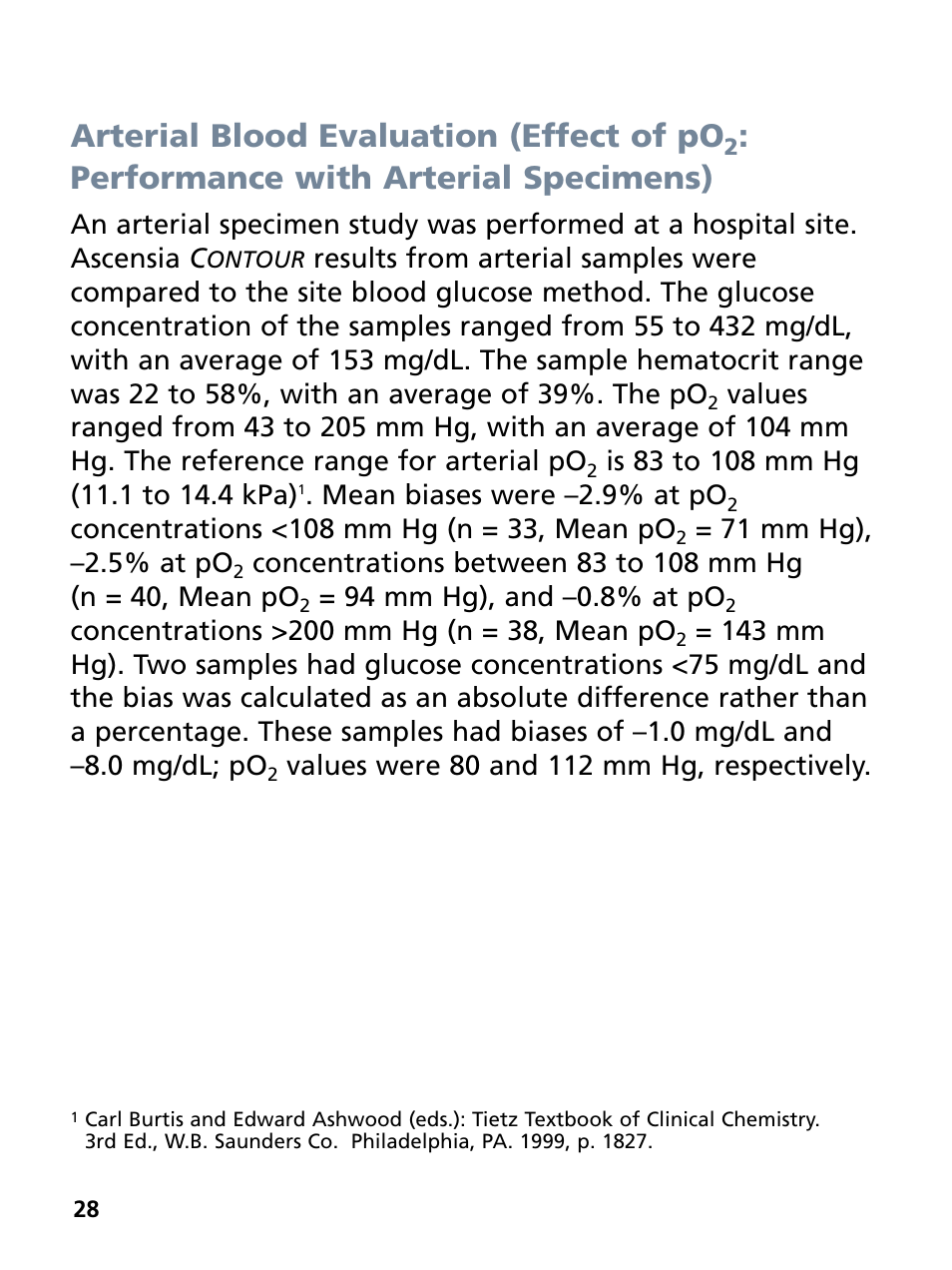 Arterial blood evaluation (effect of po, Performance with arterial specimens) | Bayer HealthCare Ascensia Contour Blood Glucose Monitoring System User Manual | Page 32 / 46