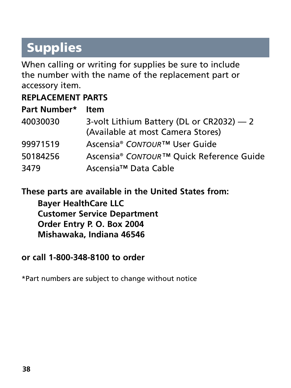 Supplies | Bayer HealthCare Ascensia Contour Blood Glucose Monitoring System User Manual | Page 42 / 46